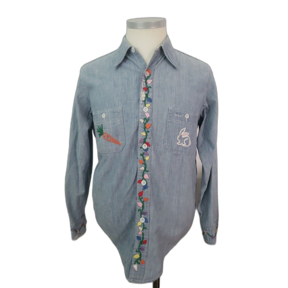 Vintage 60s 70s Montgomary Ward Chambray Shirt, Work Wear, Hippie, Boho, Med.